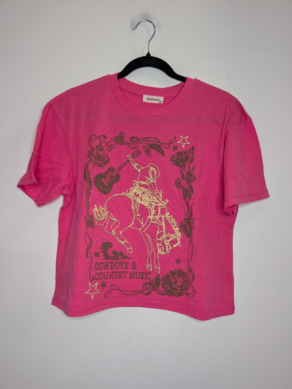 Cowboys & Country Music Graphic Tee Pink Western Rodeo Crop Top - Picture 2 of 4